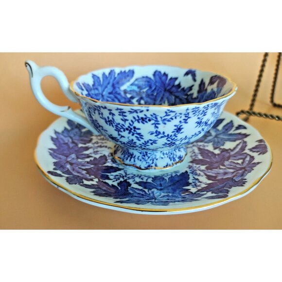 Coalport Hand Painted Tea Cup & Saucer Set Cobalt Blue Maple Leaf 1930's - Picture 3 of 15